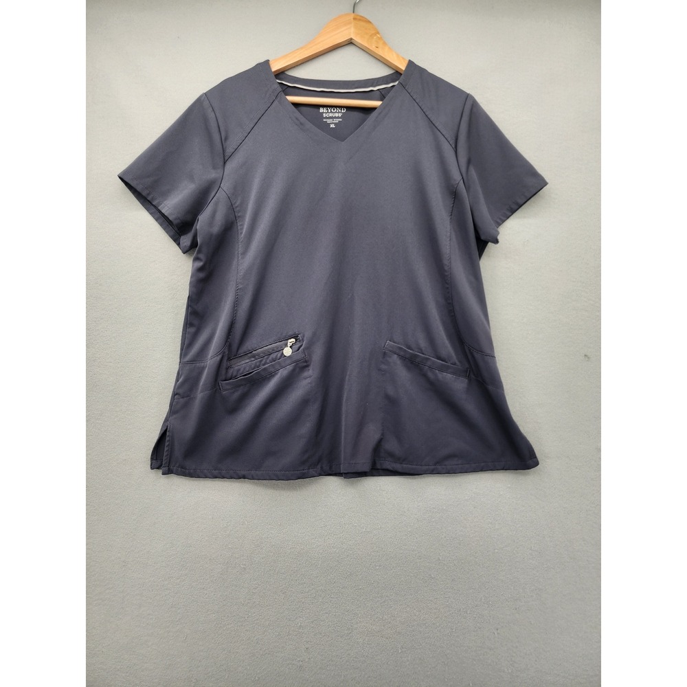Beyond Scrubs XL Gray V-Neck Scrub Top Performance Stretch Zipper Pocket Uniform